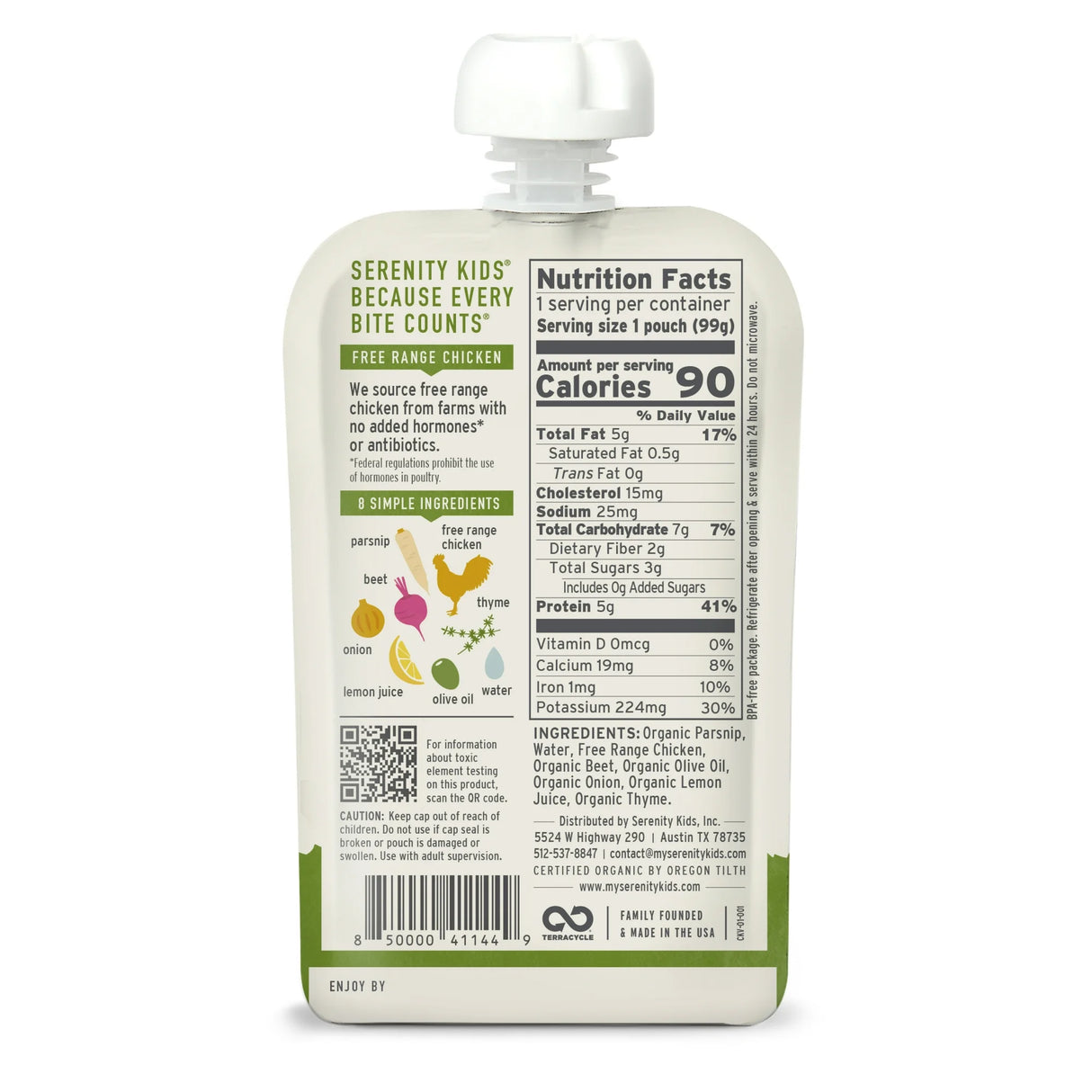 Serenity Kids food pouch with nutrition facts label on a white background