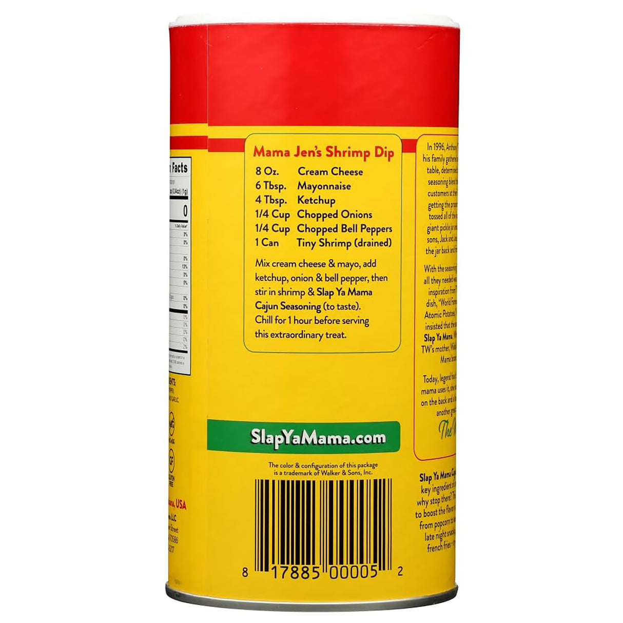 Can of Slap Ya Mama with recipe details on a yellow background