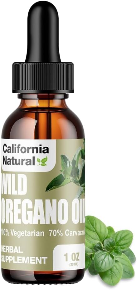 Bottle of California Natural Wild Oregano Oil with a dropper on a white background