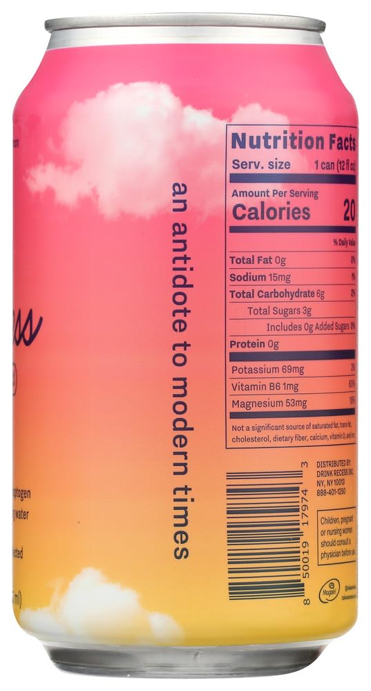 Can with pink and orange gradient label featuring text and nutrition facts.