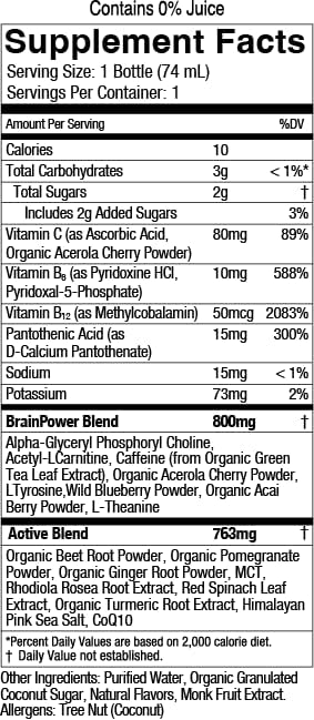 Brain Juice Pre-Workout Pomegranate Acai Active Shots (Pack of 12 - 2.5 Oz.) - Cozy Farm