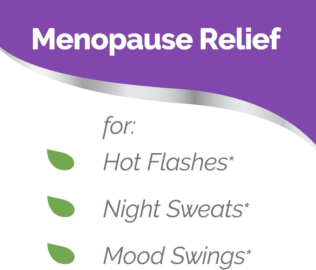 Menopause relief product label with symptoms listed on a purple and white background