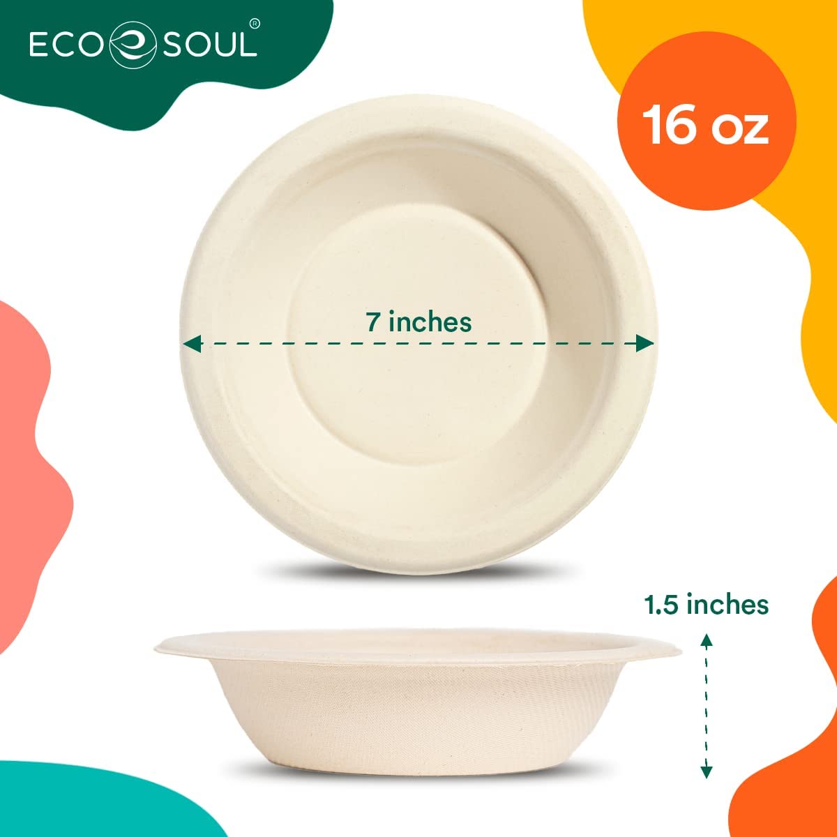 ECOSOUL 16oz Biodegradable Round Bowls, 50 Count Bagasse (Case of 8) - Cozy Farm