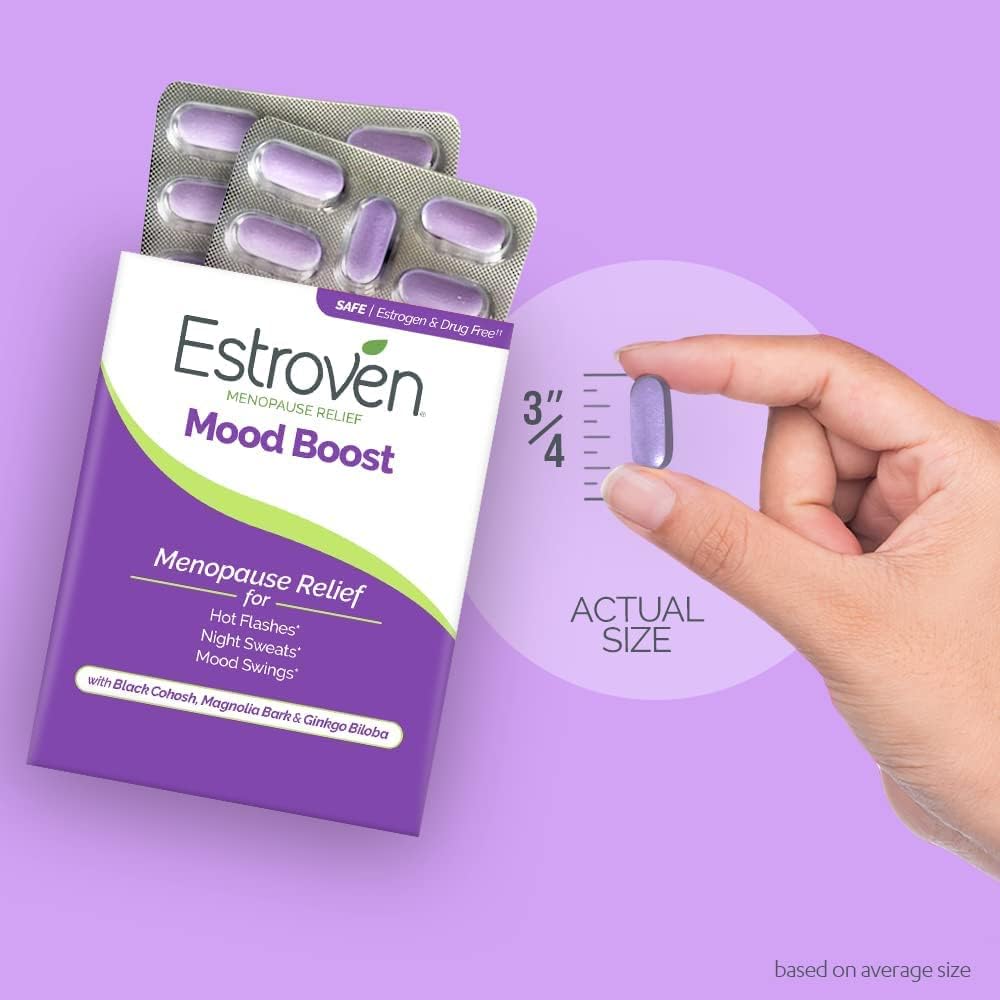 Estroven Mood Boost packaging with a hand holding a measuring tool on a purple background