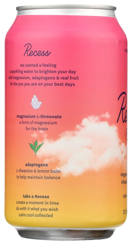 Pink and yellow can with 'Recess' branding and text on a white background