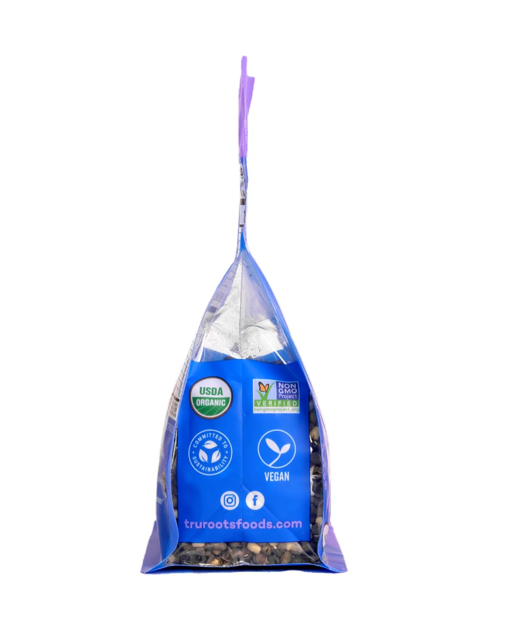 Bag of trurootsefoods product with certification logos on a white background