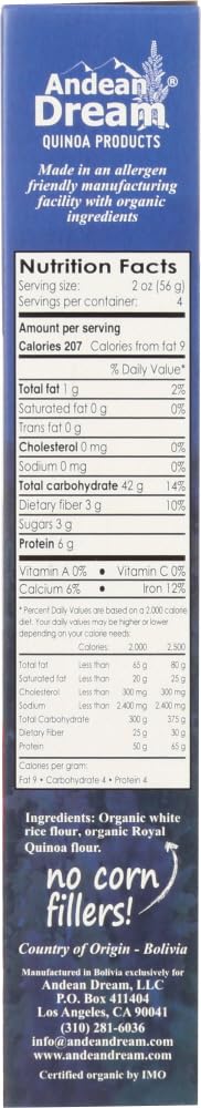 Andean Dream Gluten-Free Organic Quinoa Macaroni Pasta, 8 oz, Pack of 12