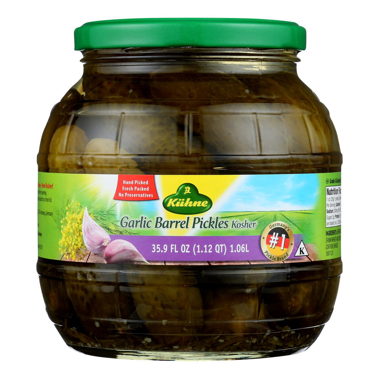 Kuhne Garlic Flavored Pickles, 34.2 Fl Oz, Case of 6 - Cozy Farm