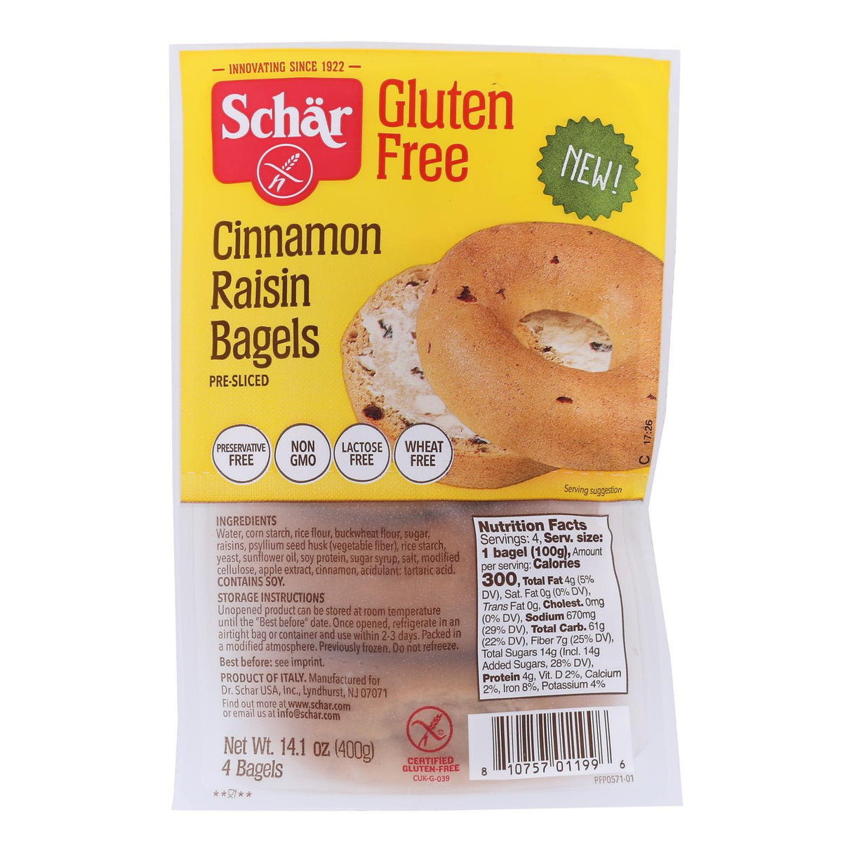 Schar Cinnamon Raisin Bagels - Case of 4 - 14.1 Oz - Cozy Farm