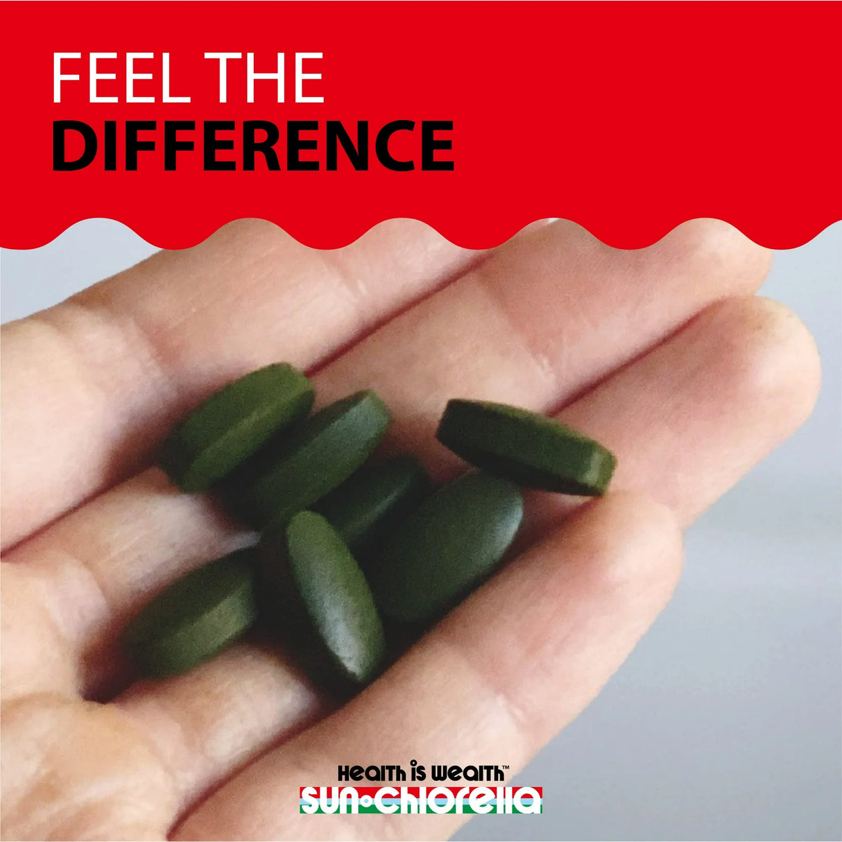 Hand holding green pills with 'Feel the Difference' text and Sun-Chlorella logo.