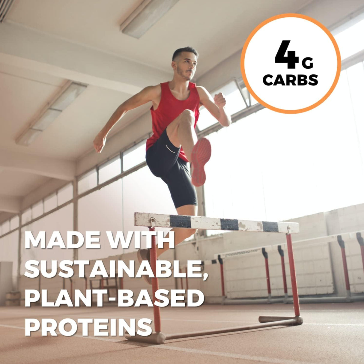 Athlete running over hurdles in a gym with '4G Carbs' branding and text about sustainable plant-based proteins.