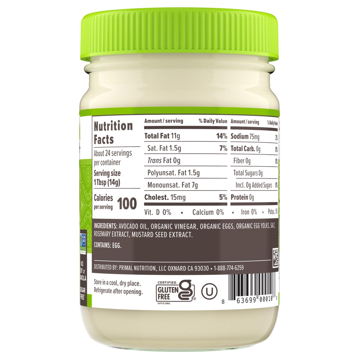 Nutrition label on a jar with a green lid