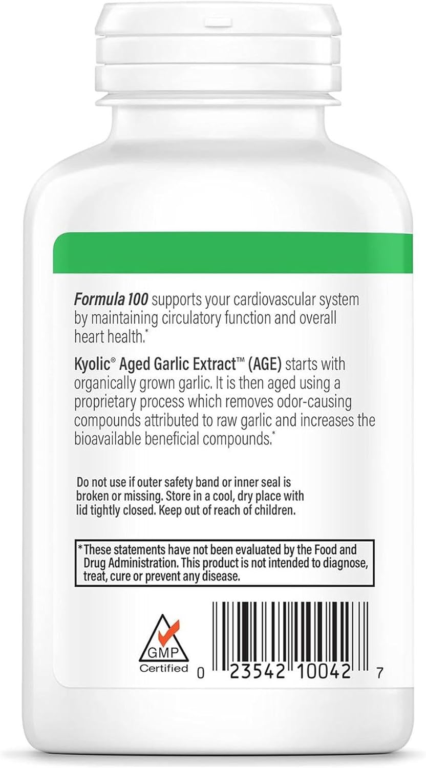 Bottle of Kyolic Aged Garlic Extract with label on a white background