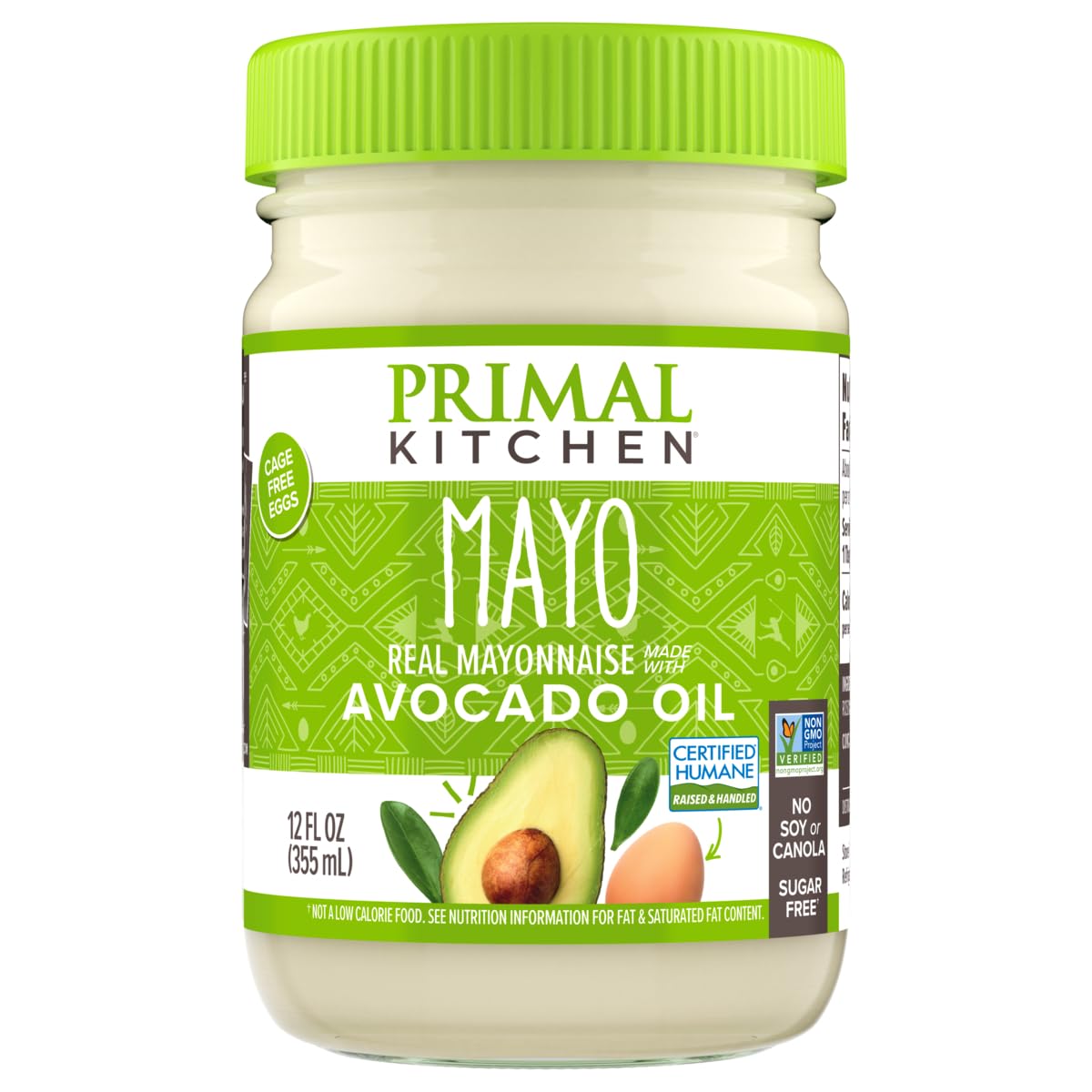 Jar of Primal Kitchen avocado oil mayonnaise with green lid and label.