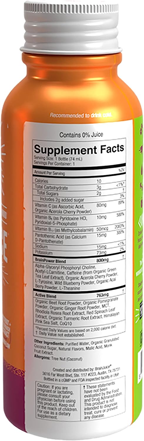 Brain Juice Pre-Workout Pomegranate Acai Active Shots (Pack of 12 - 2.5 Oz.) - Cozy Farm