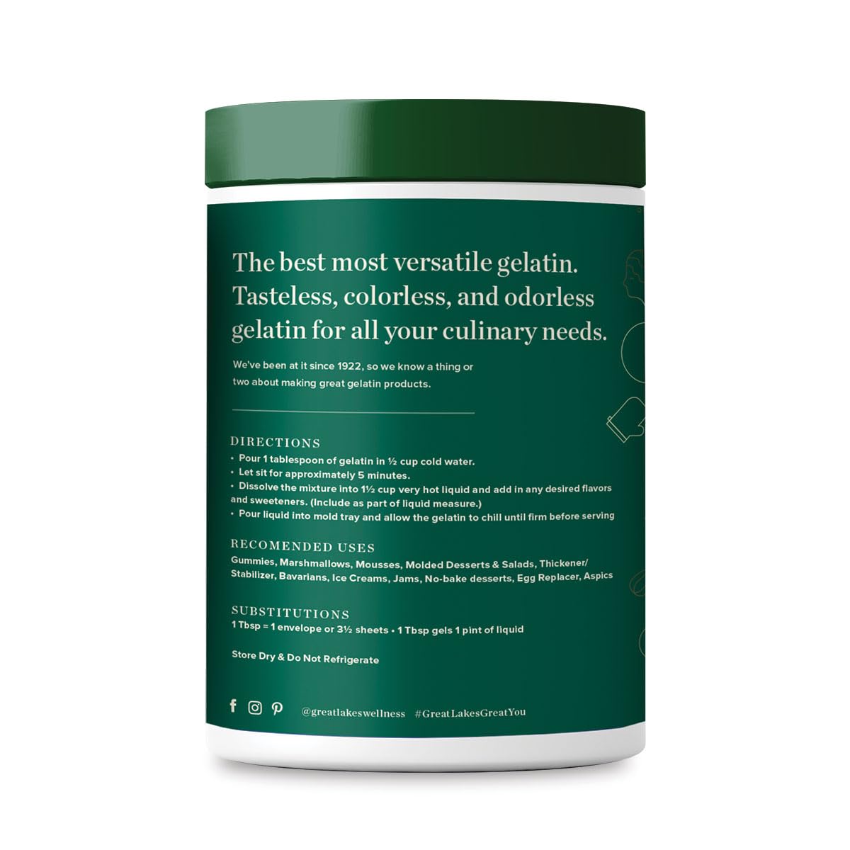 Green and white container with text on a white background