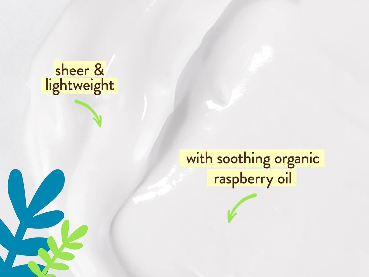 Sheer and lightweight texture with soothing organic raspberry oil on a white background