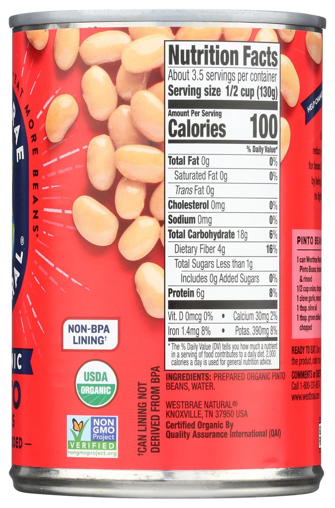 Can of pinto beans with nutrition label on a red background