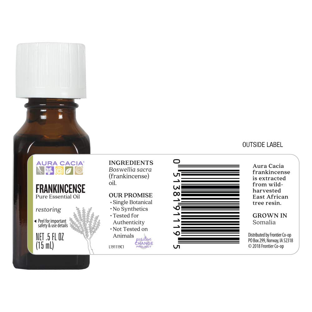 Aura Cacia Frankincense essential oil bottle with label on a white background