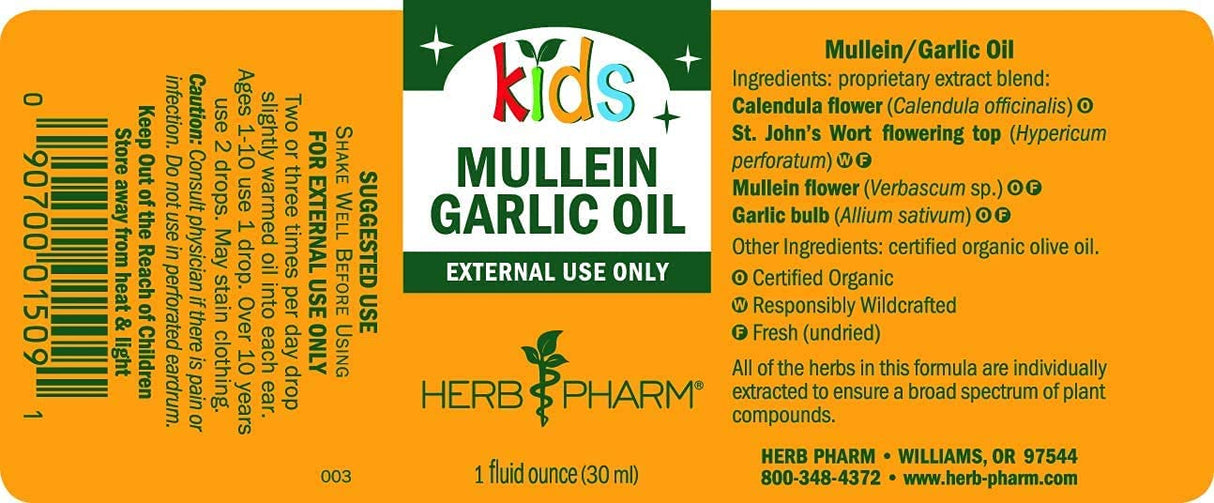 Herb Pharm Kids Ear Mullein Garlic Oil - Natural Earache Relief for Children - 1 Fl Oz - Cozy Farm