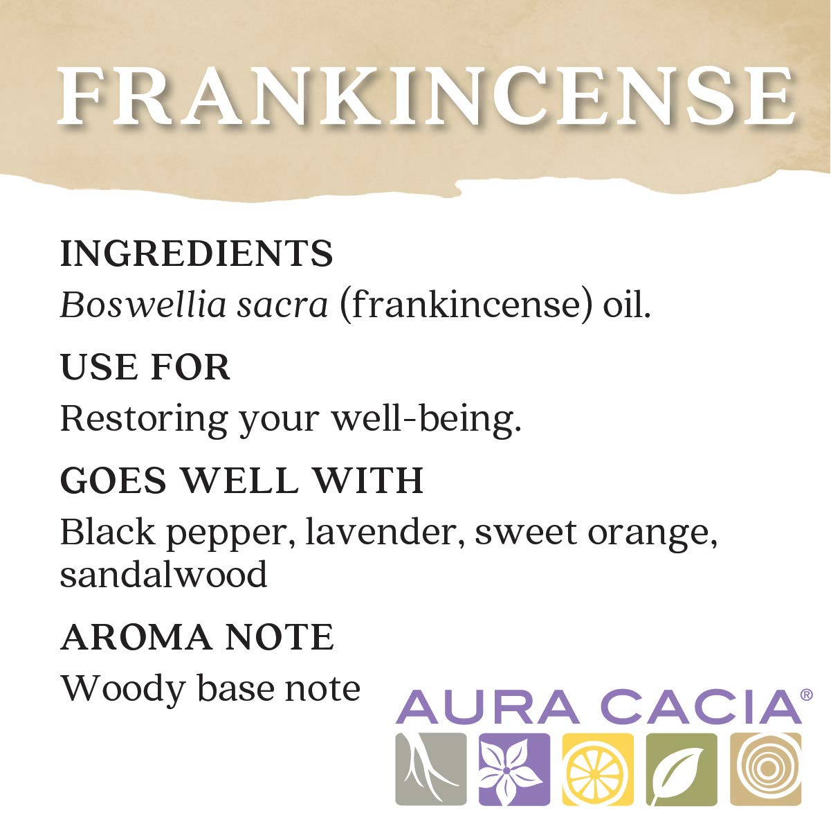 Aura Cacia frankincense oil label with ingredients, use, and aroma information.