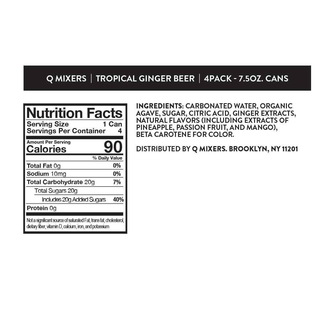 Nutrition facts label for Q Mixers Tropical Ginger Beer on a white background