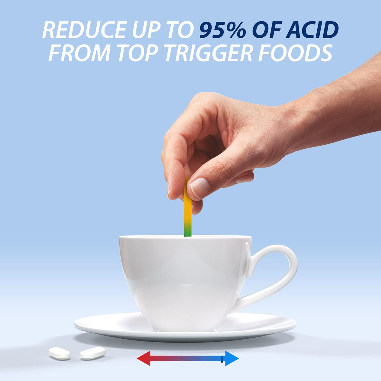 Hand placing a colorful straw into a white cup with text about reducing acid from top trigger foods on a blue background.