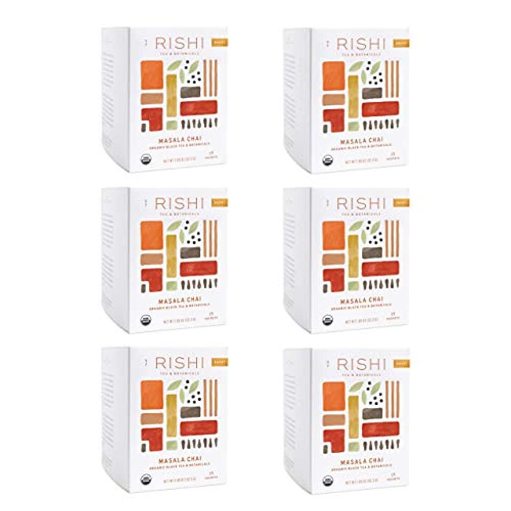 Six boxes of Rishi Masala Chai tea on a white background
