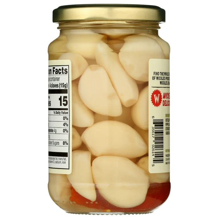 Jar of pickled garlic with labels on a white background