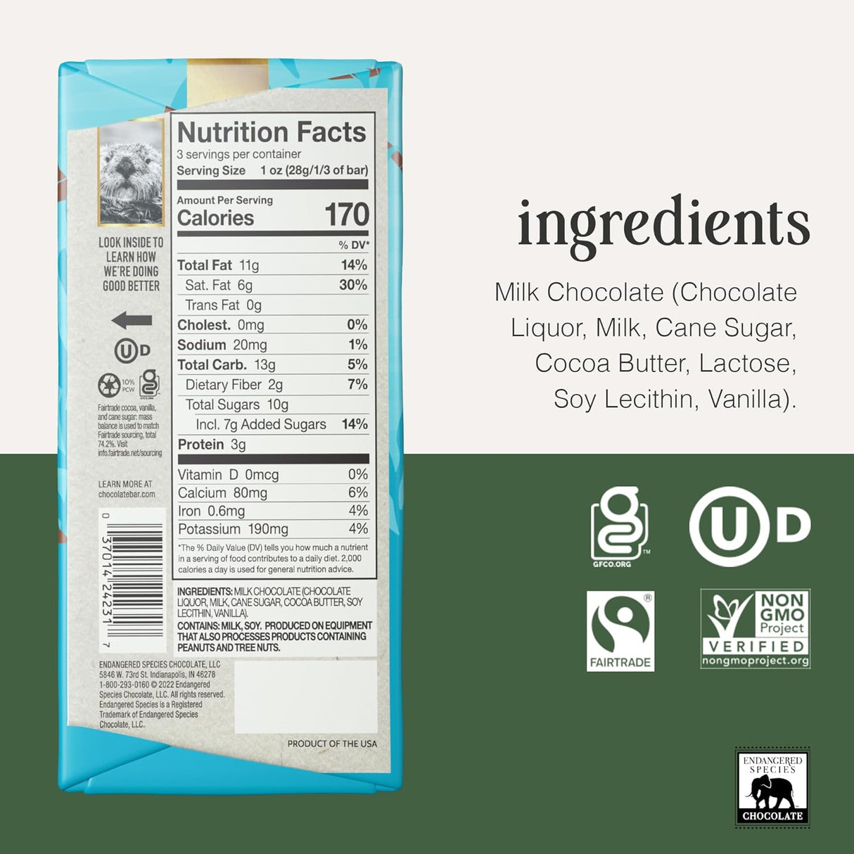 Nutrition facts label and ingredients list on a product packaging with Fairtrade and Non-GMO Project verified logos.