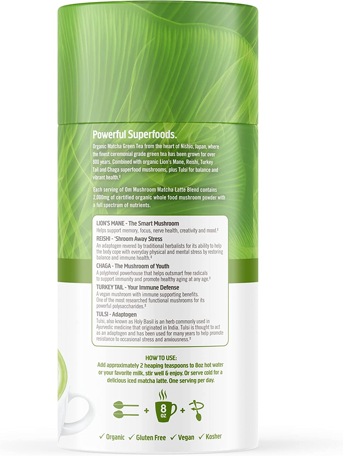 Om Mushroom Superfood Matcha Latte Blend: Immune Support, Energy Boosting Mushroom Powder - 8.47 oz - Cozy Farm