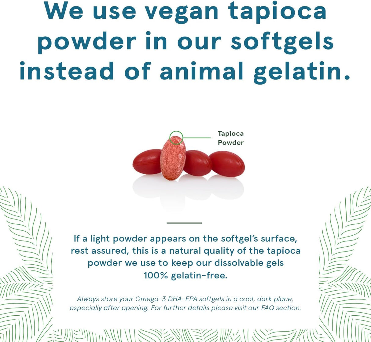 Vegan tapioca powder used in softgels with text explaining its use.