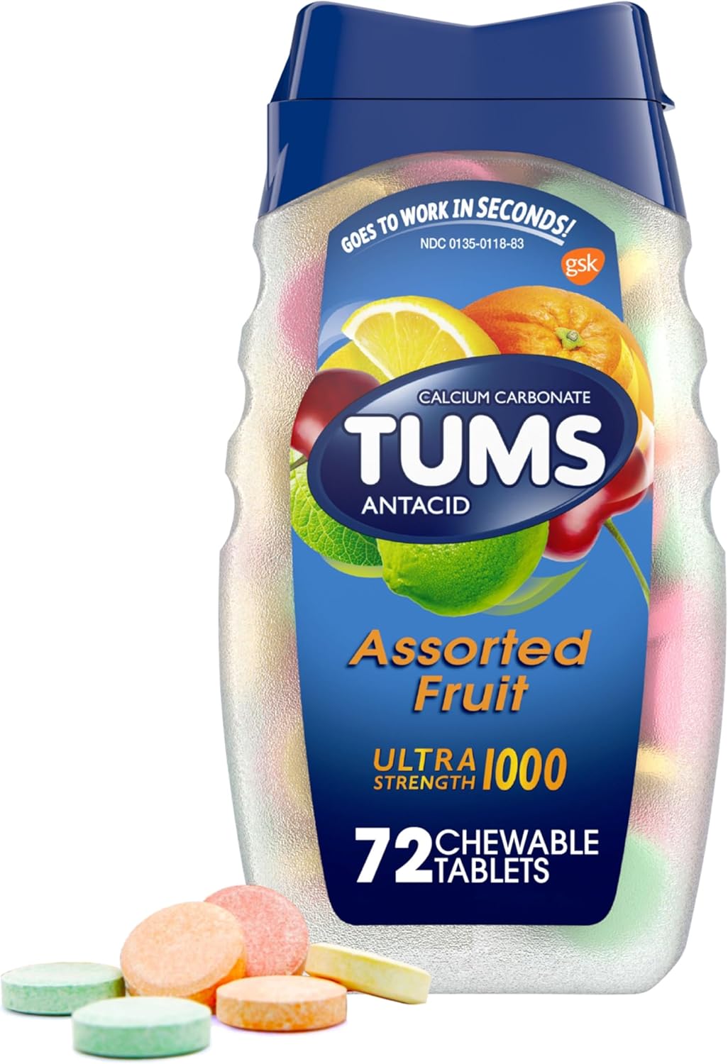 TUMS Assorted Fruit antacid packaging on a white background