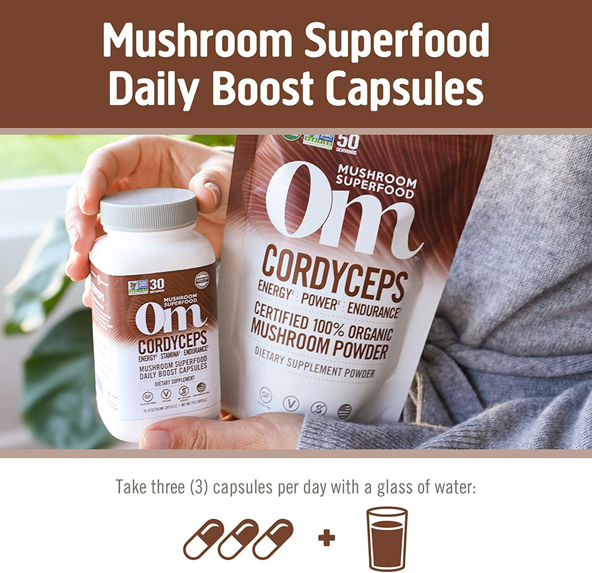 Om Mushroom Superfood Cordyceps Mushroom Capsules, Energy and Endurance Support Supplement, 90 Count - Cozy Farm