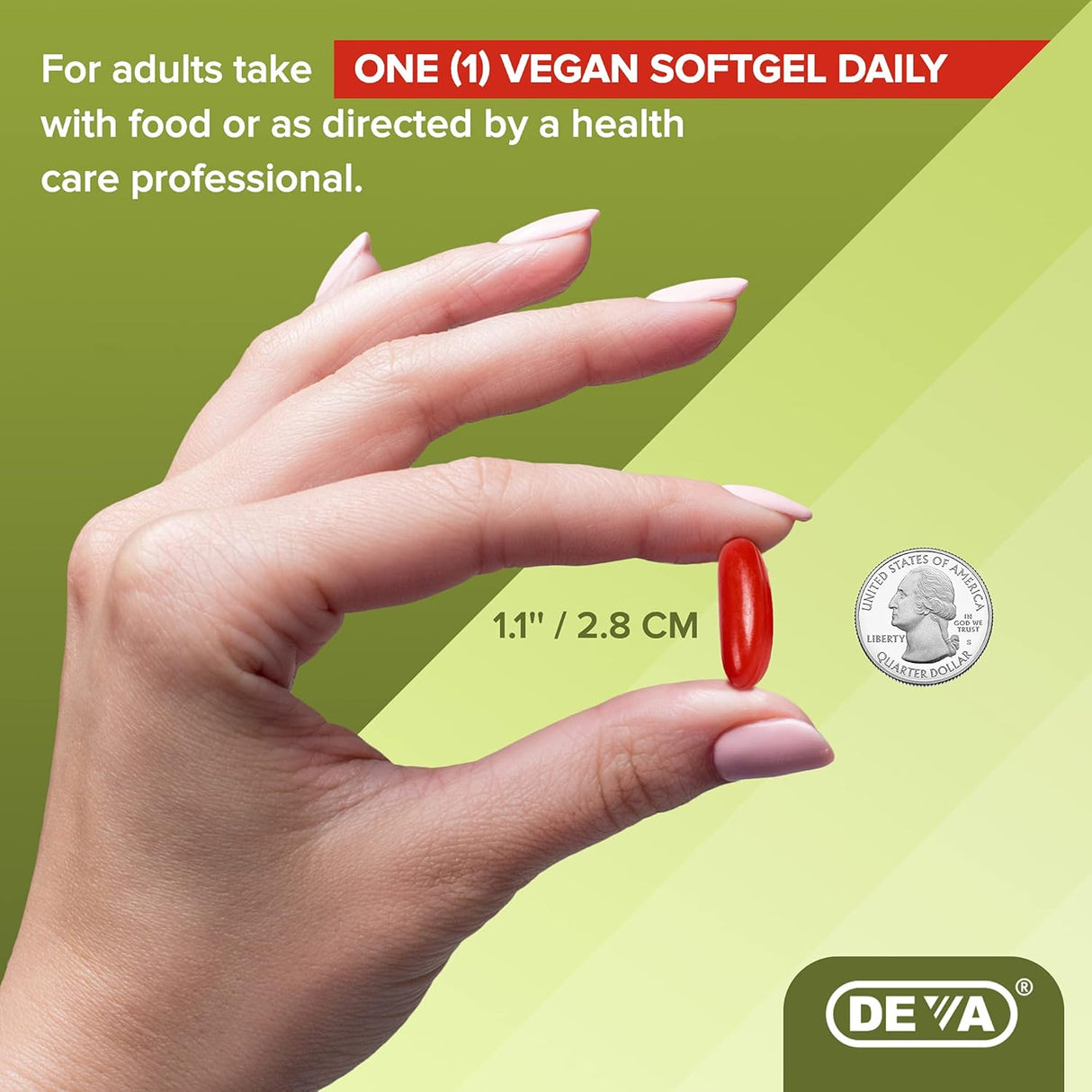 Hand holding a red vegan softgel with product details on a green background, featuring the Deva brand.