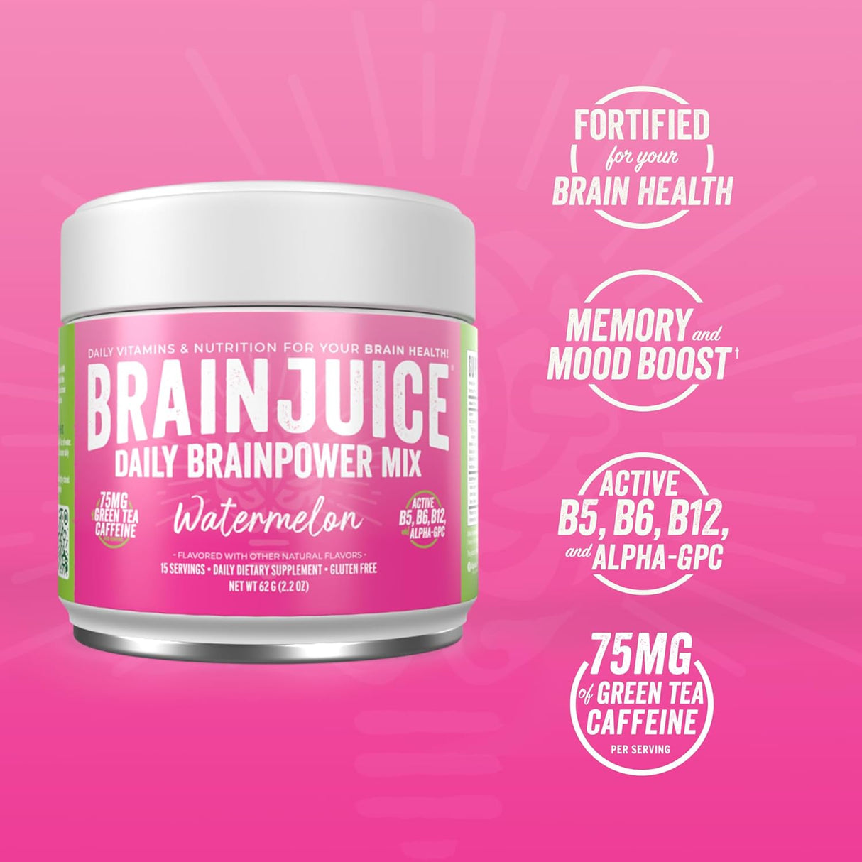 Container of BrainJuice daily brainpower mix on a pink background
