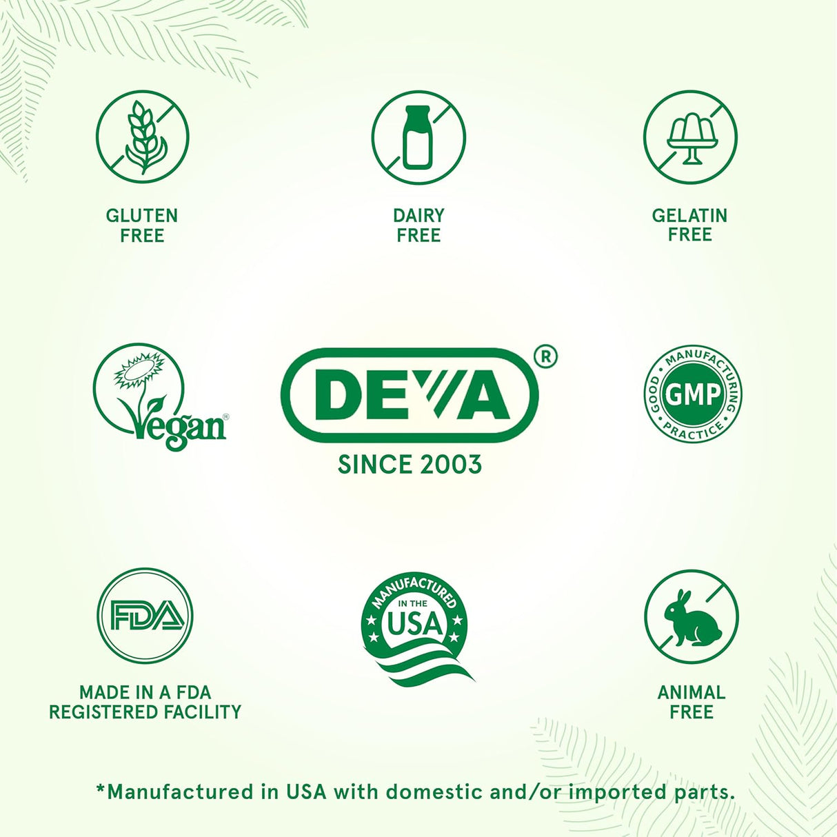 Collection of certification logos for gluten-free, dairy-free, gelatin-free, vegan, GMP, FDA, manufactured in USA, and animal-free on a green background.