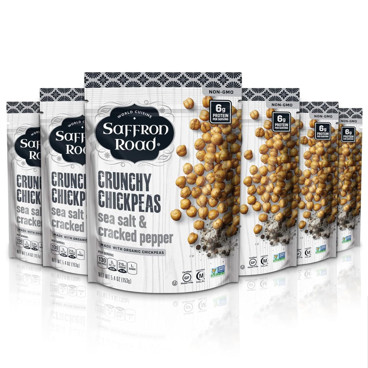 Saffron Road Crunchy Chickpeas packaging with chickpeas visible on a white background