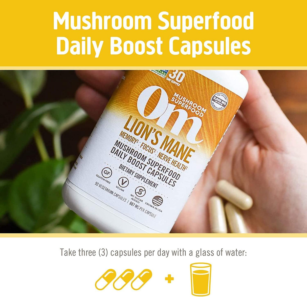 Om Mushroom Superfood Lion's Mane Mushroom Capsules Superfood Supplement, 90 Count - Cozy Farm
