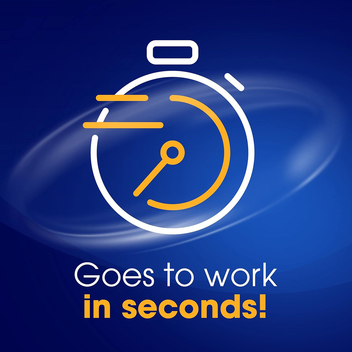 Icon of a stopwatch with text 'Goes to work in seconds!' on a blue background
