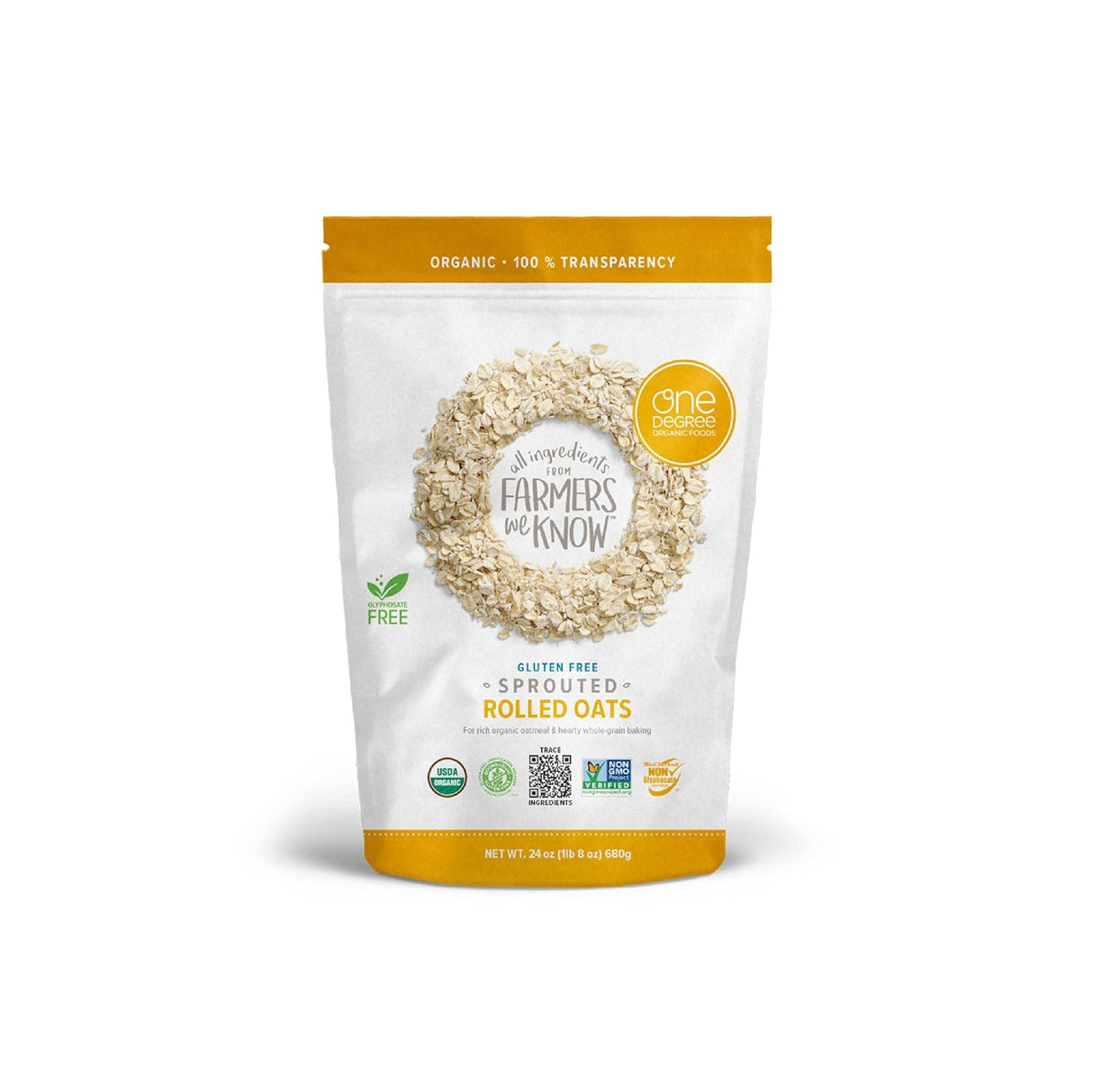 One Degree Organic Foods Sprouted Rolled Oats, Case of 4, 24 Oz. Bags