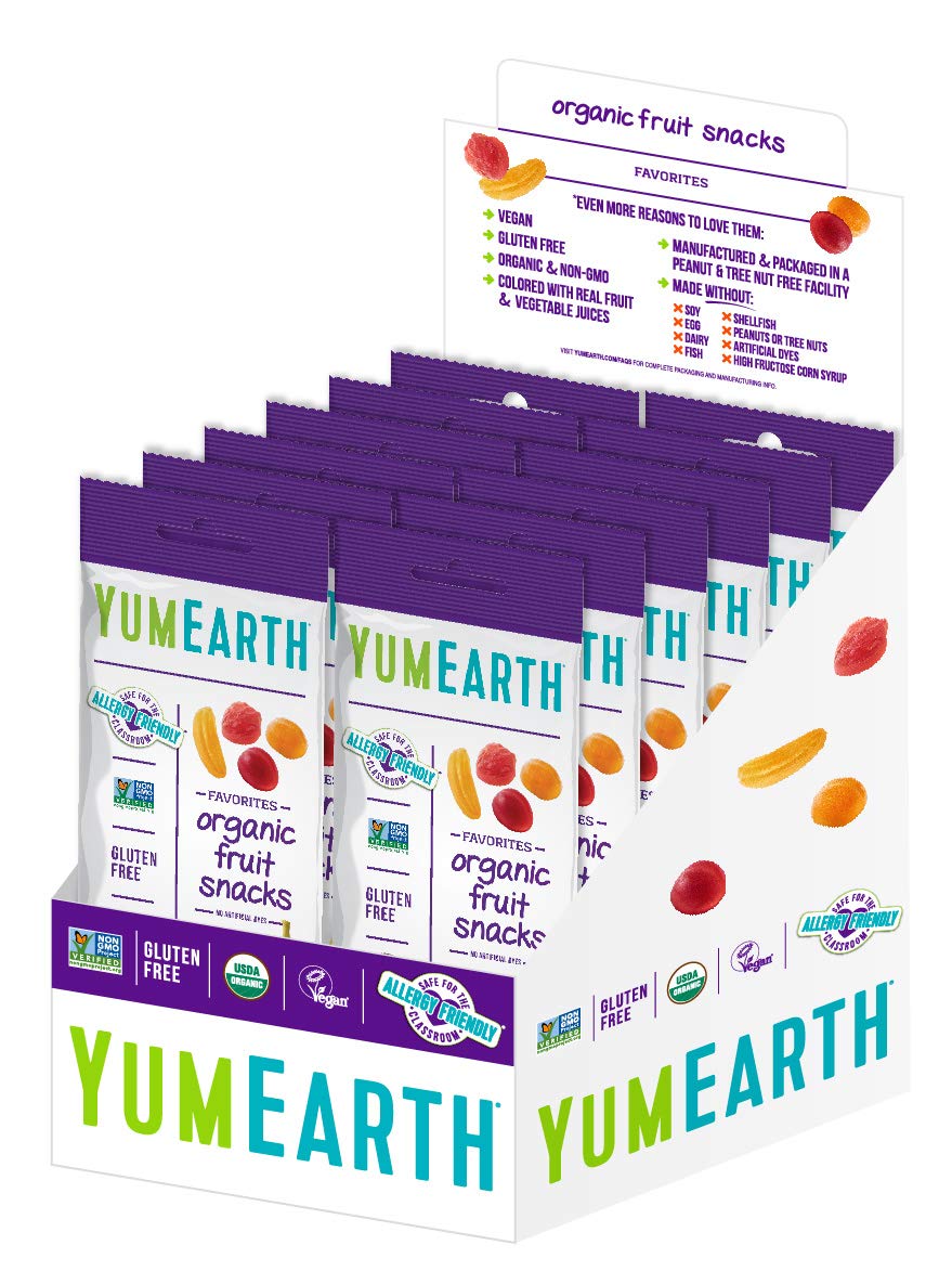 Display of YumEarth organic fruit snack packages on a white background