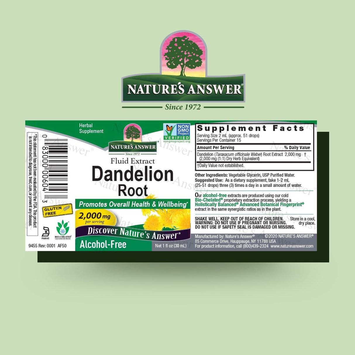 Natures Answer Dandelion Root supplement label on a green background