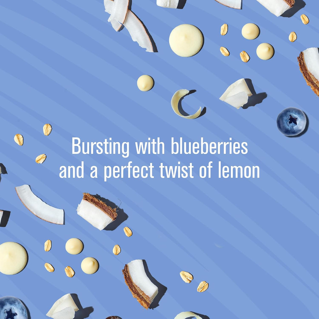 Text on a blue background with blueberries and lemon slices.