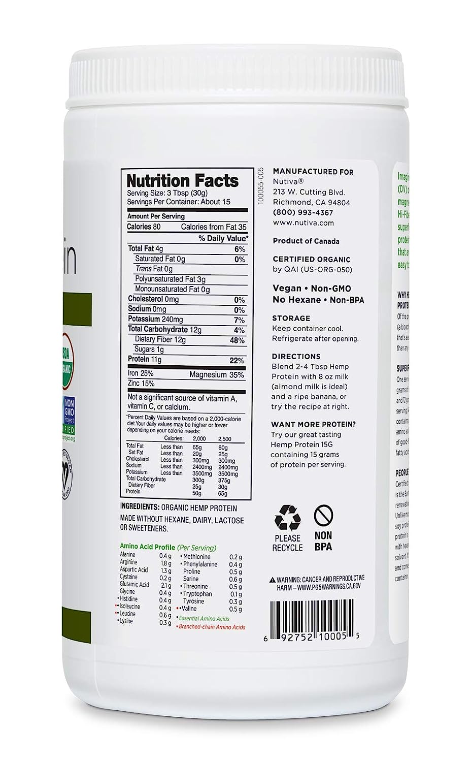 Nutiva Organic Hemp Protein Hi-Fiber, 16 Oz. - Cozy Farm