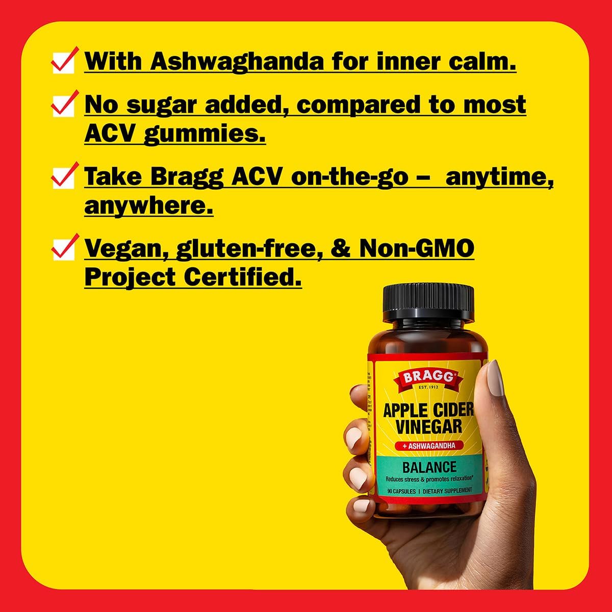 Bragg Apple Cider Vinegar gummies with Ashwagandha on a yellow and red background