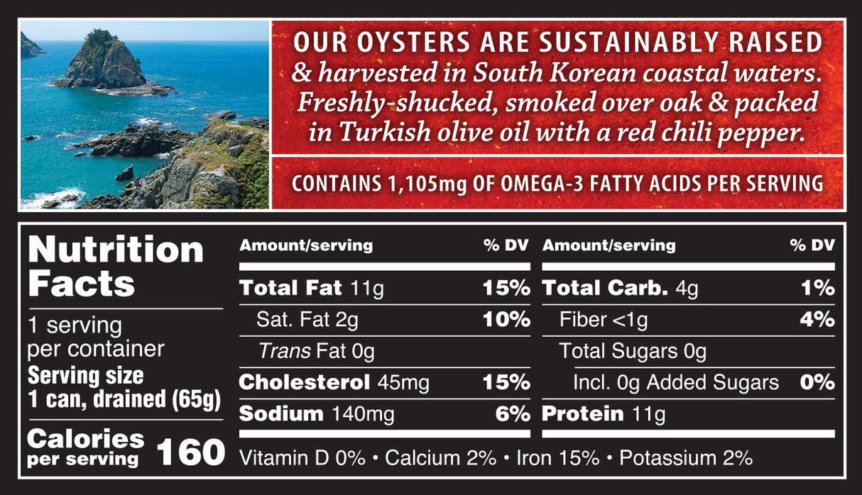 Crown Prince Smoked Oysters with Red Chili Pepper - 3 Oz. (Pack of 18)