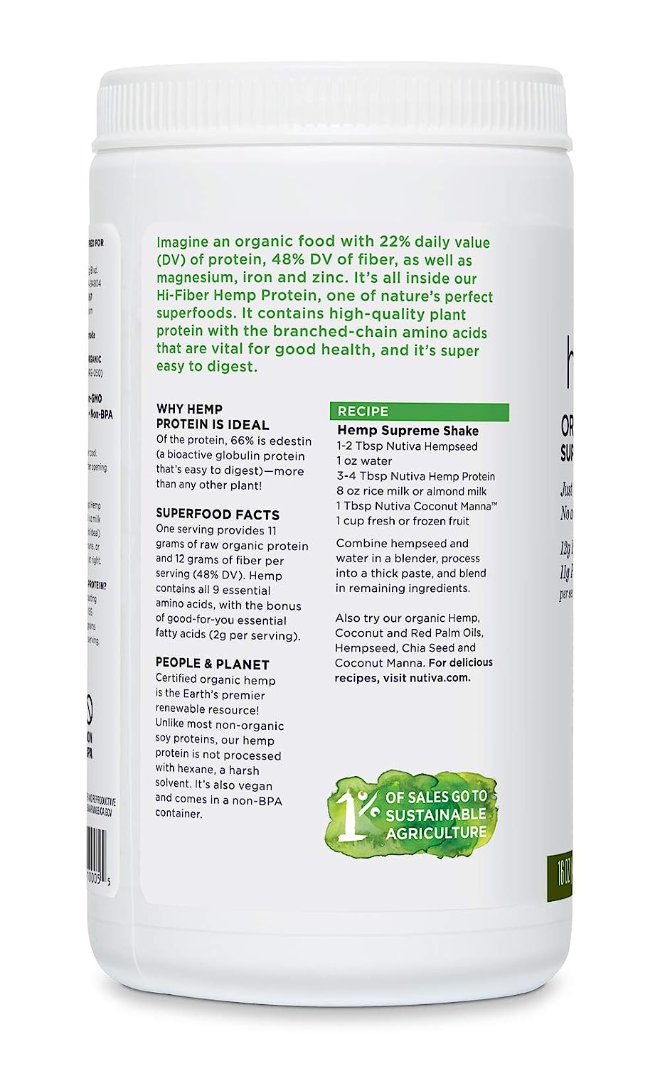 Nutiva Organic Hemp Protein Hi-Fiber, 16 Oz. - Cozy Farm