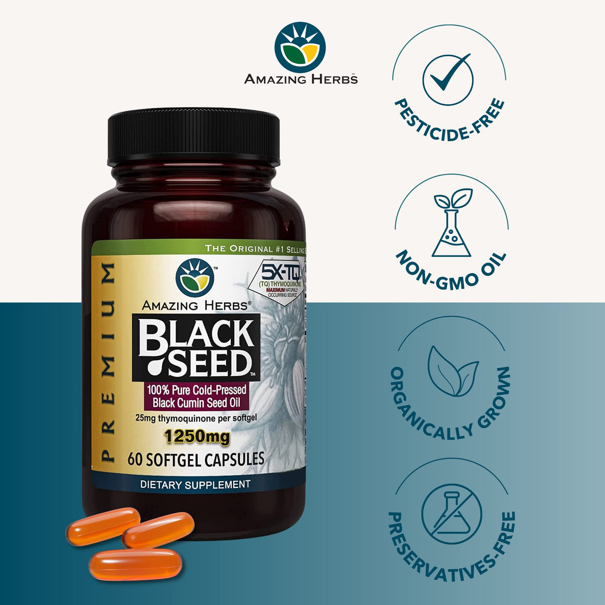 Premium Black Seed Oil Softgels – 1250mg - Amazing Herbs - Natural Capsules for Wellness (60 Softgels)
