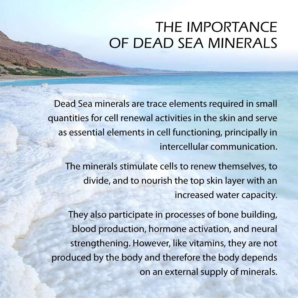 Dead Sea shoreline with text about the importance of Dead Sea minerals.